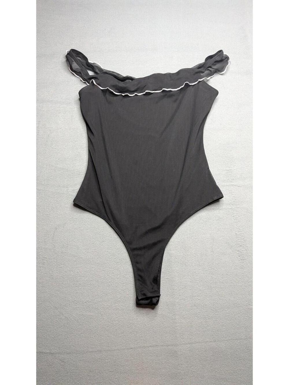 Princess Polly Bodysuit Womens 6 Black Off Shoulder Ruffle Mesh Thong Stretch